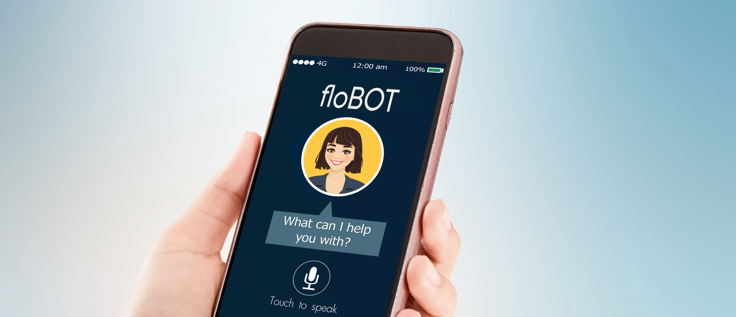 A hand holding a smartphone showing the image of floLIVE's new AI chatbot, floBOT.