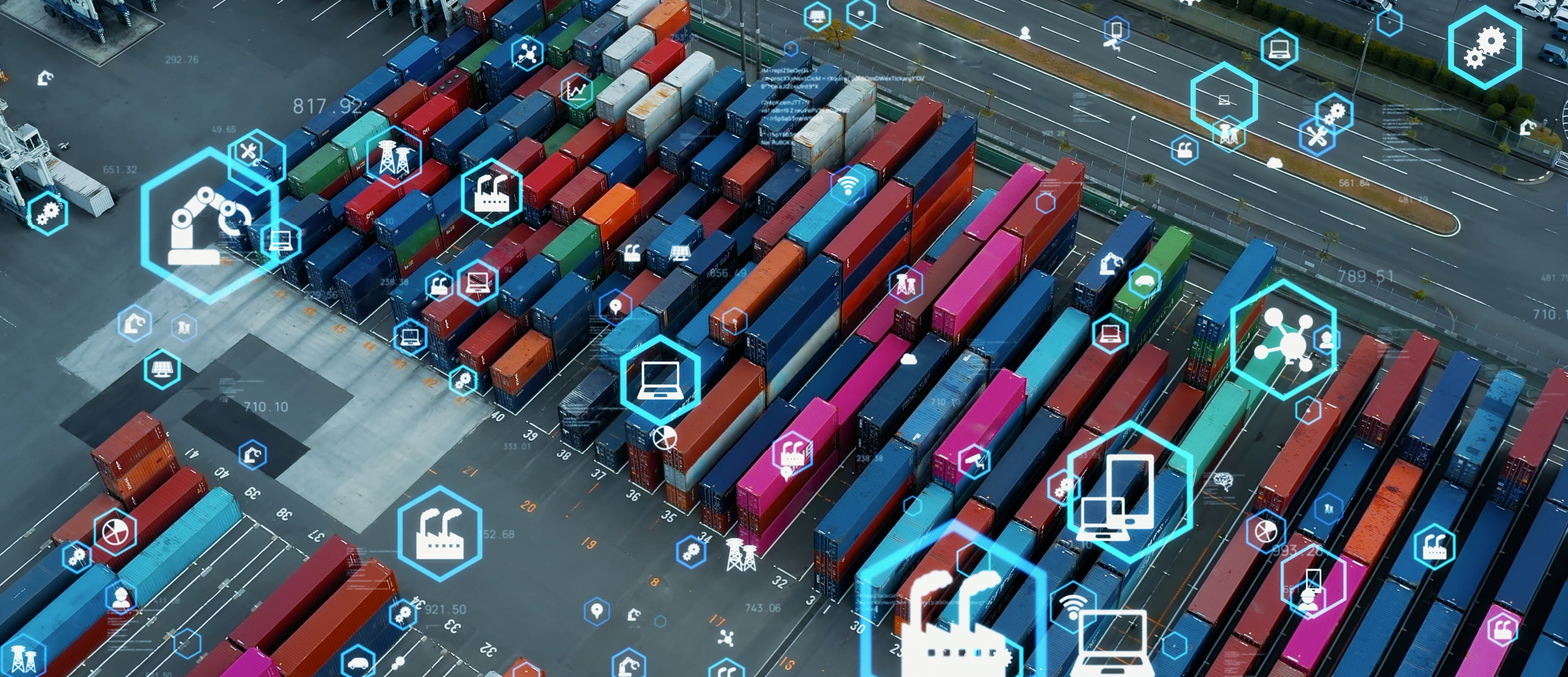 This is an aerial photo of cargo storage with a technology overlay to depict smart supply chain and logistics through IoT.